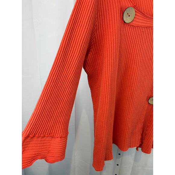 FENINI XL Waffle Knit Pullover Top Square Neck 3/4 Sleeve Buttons Cotton Orange - Picture 6 of 9